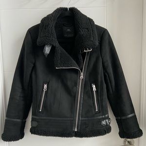 Zara Black Faux Sherpa and Suede Motto Jacket